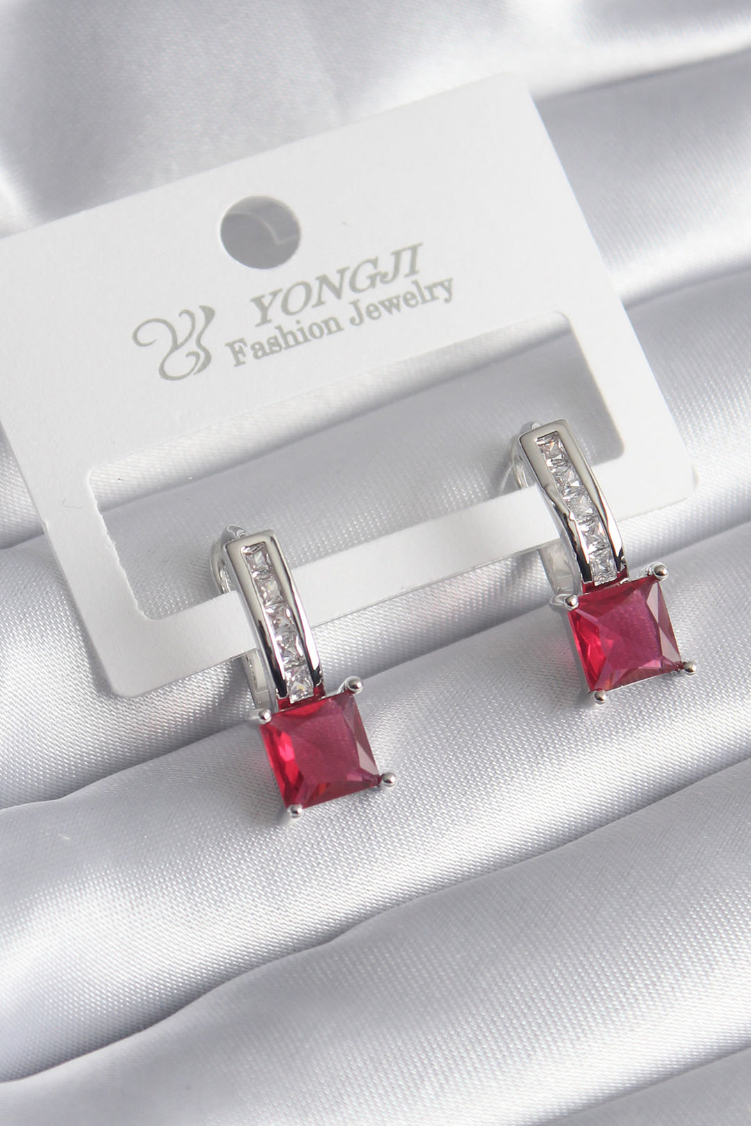 EBJ Rice Silver Color Red Square Zircon Stone Women's Earring - Kansas City