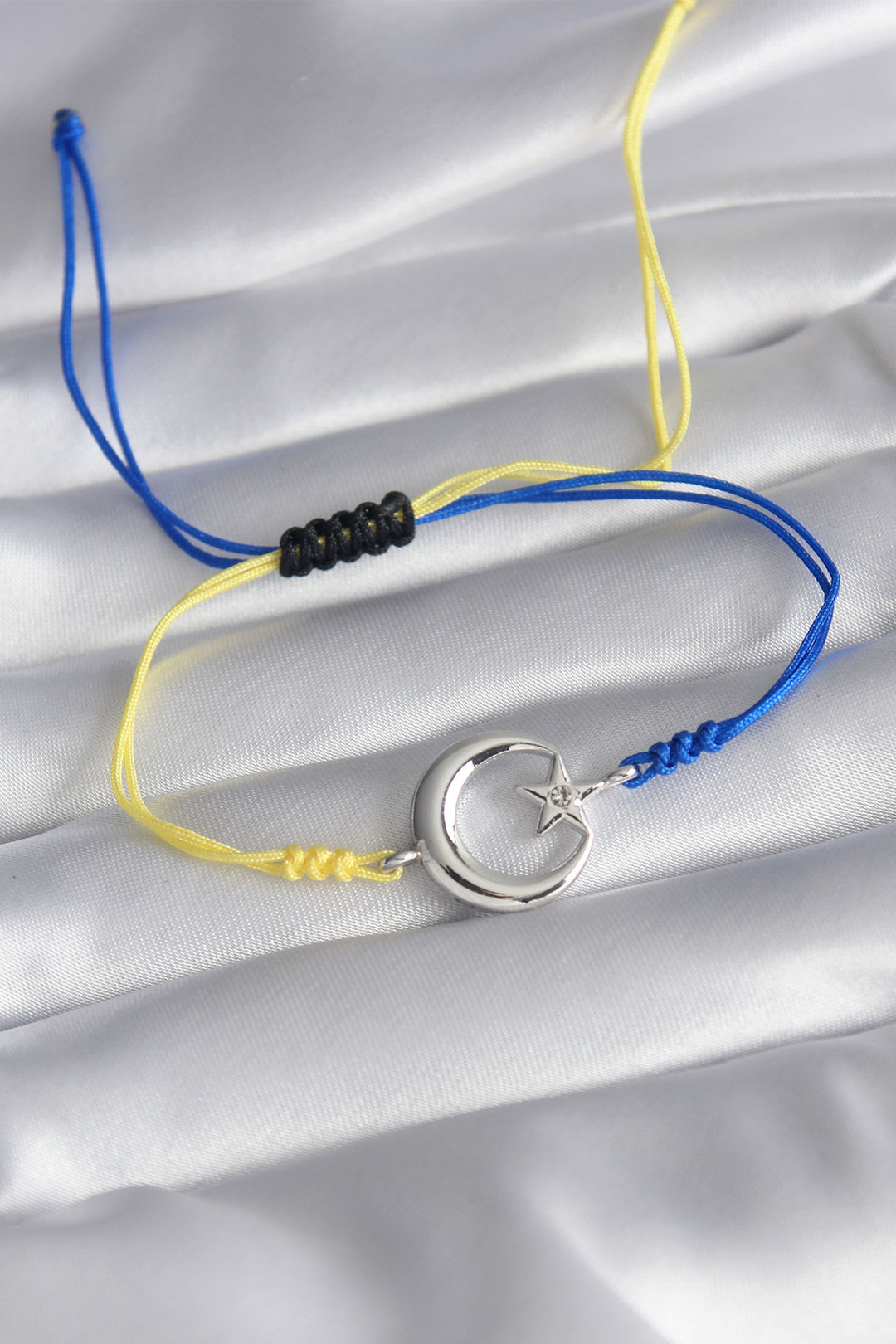 EBJ Yellow and Blue Cord Model Silver Crescent Moon Star Figure with Zircon Stone Detail Unisex Model Bracelet - Mentor