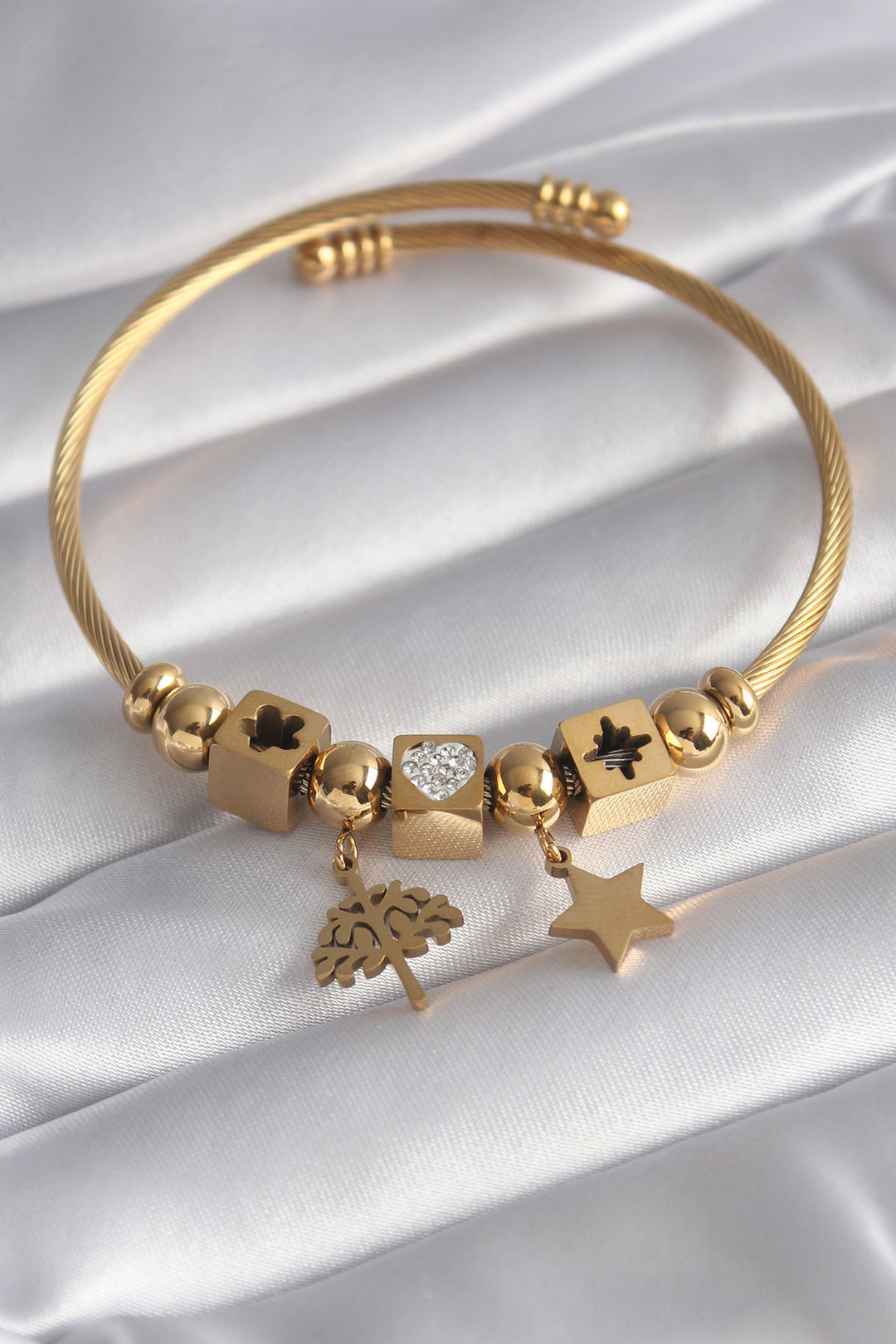 EBJ 316L Steel Gold Color Zircon Stone Heart Detail Tree of Life Figure Charm Model Women's Bracelet - Escondido