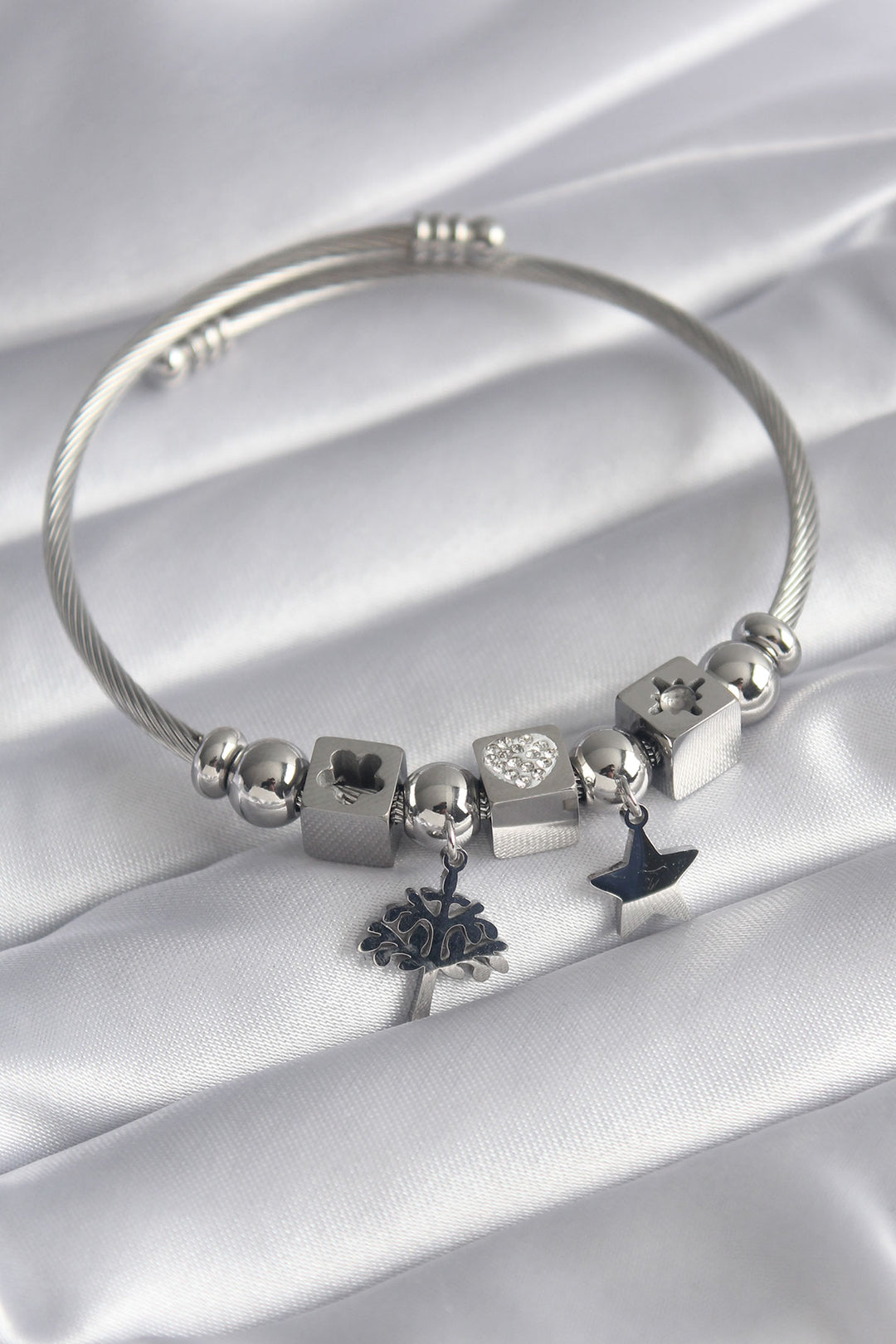 EBJ 316L Stainless Steel Silver Color Zircon Stone Heart Detail Tree of Life Figure Charm Model Women's Bracelet - Avondale