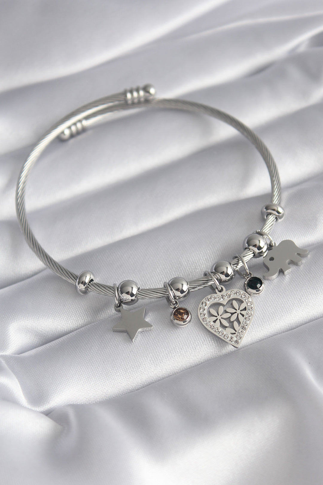 EBJ 316L Stainless Steel Silver Color Zircon Stone Heart Figure Elephant Detail Charm Model Women's Bracelet - Arezzo