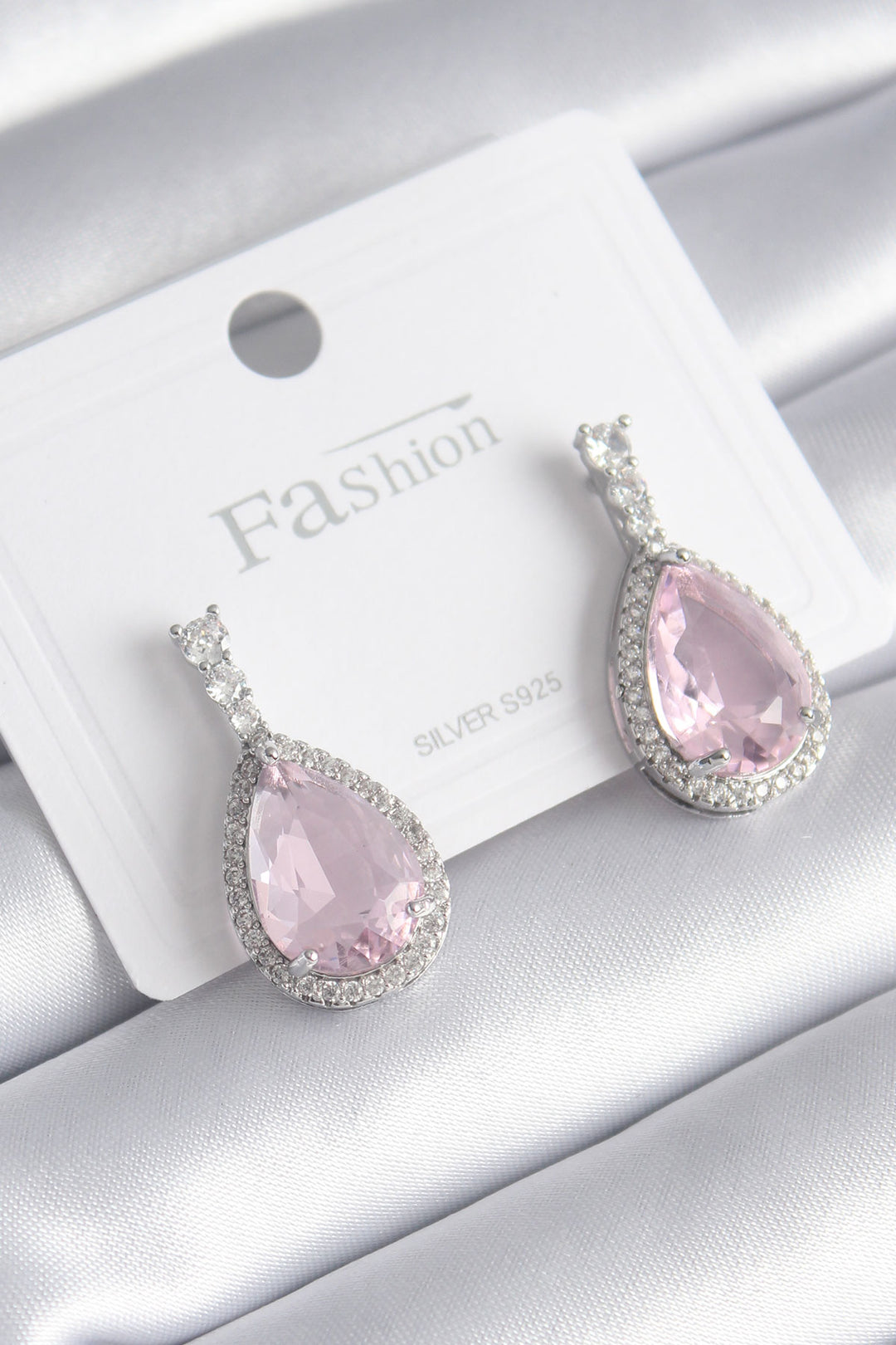 EBJ Rice Silver Color Zircon Stone Detail Drop Pink Zircon Stone Model Women's Earrings - García