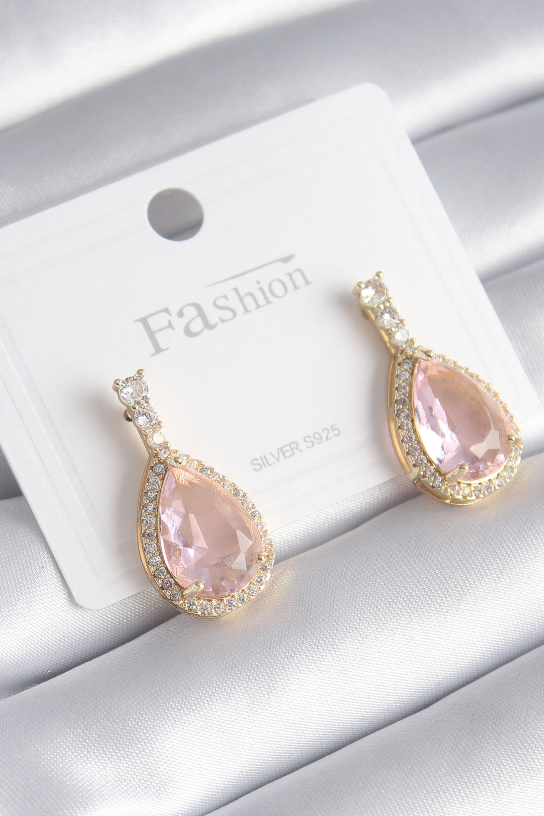 EBJ Rice Gold Color Zircon Stone Detail Drop Pink Zircon Stone Model Women's Earrings - Laguna Niguel