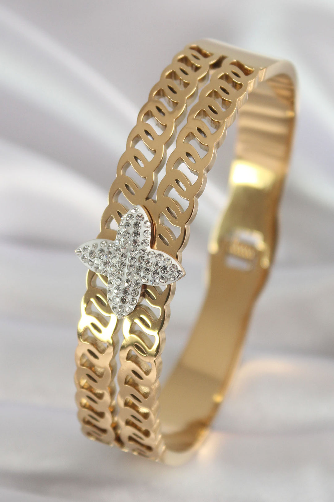 EBJ 316L Stainless Steel Gold Color Zircon Stone Flower Model Women's Cuff Bracelet - Santarém