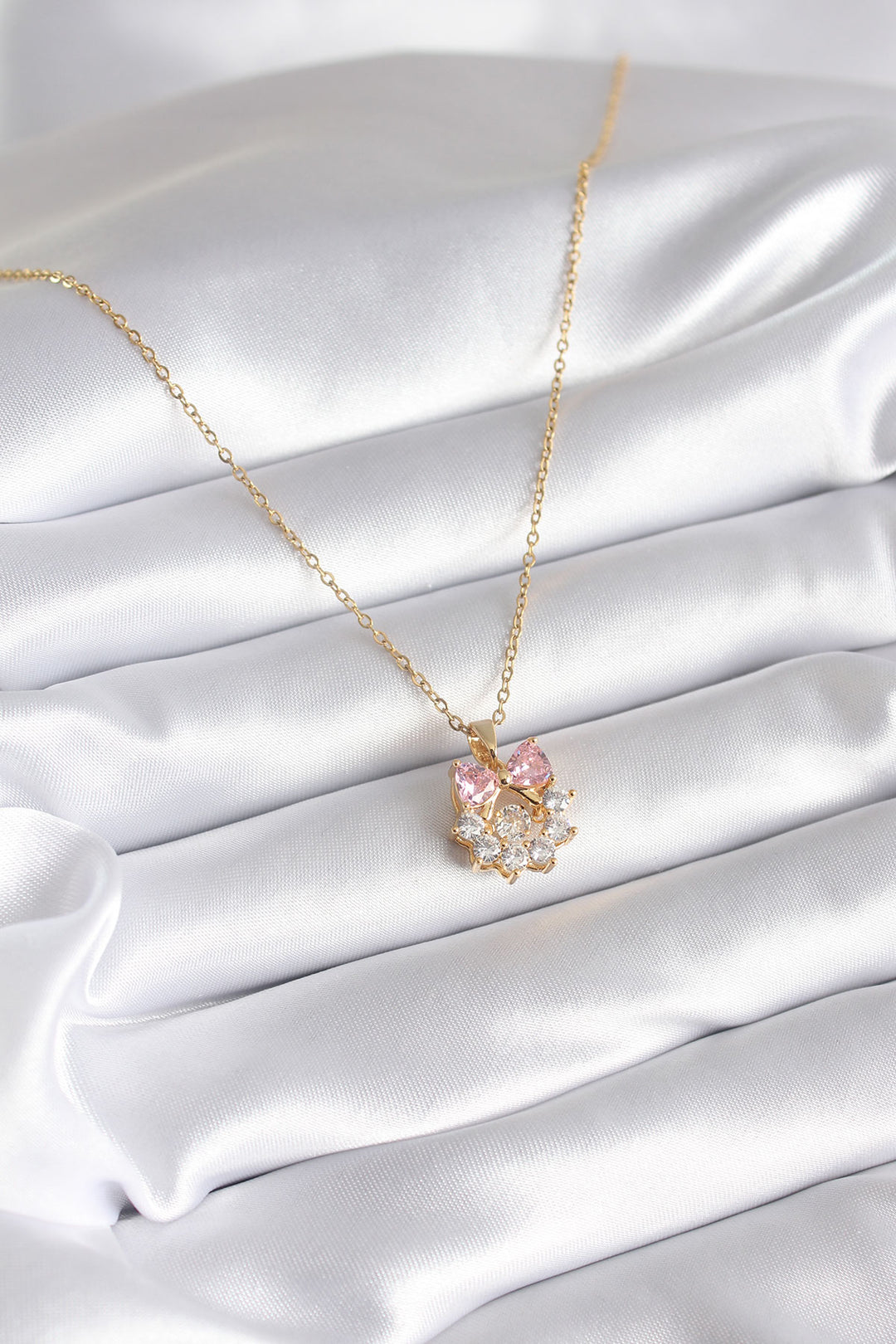 EBJ 316L Steel Gold Color Pink Zircon Stone Ribbon Model Women's Necklace - Derry