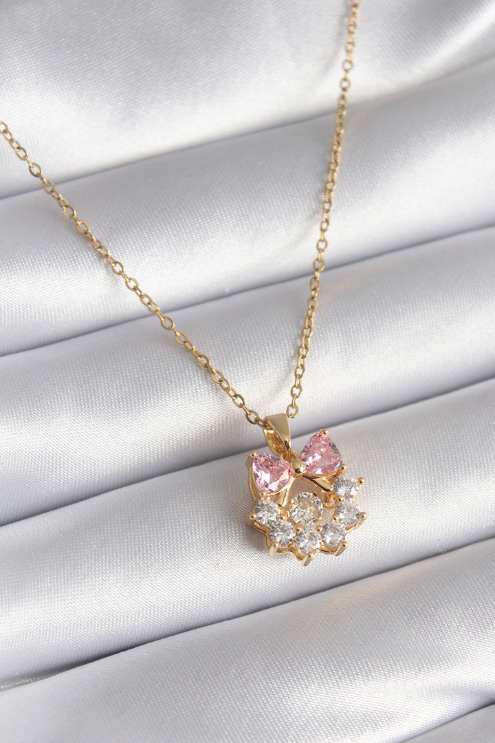 EBJ 316L Steel Gold Color Pink Zircon Stone Ribbon Model Women's Necklace - Derry