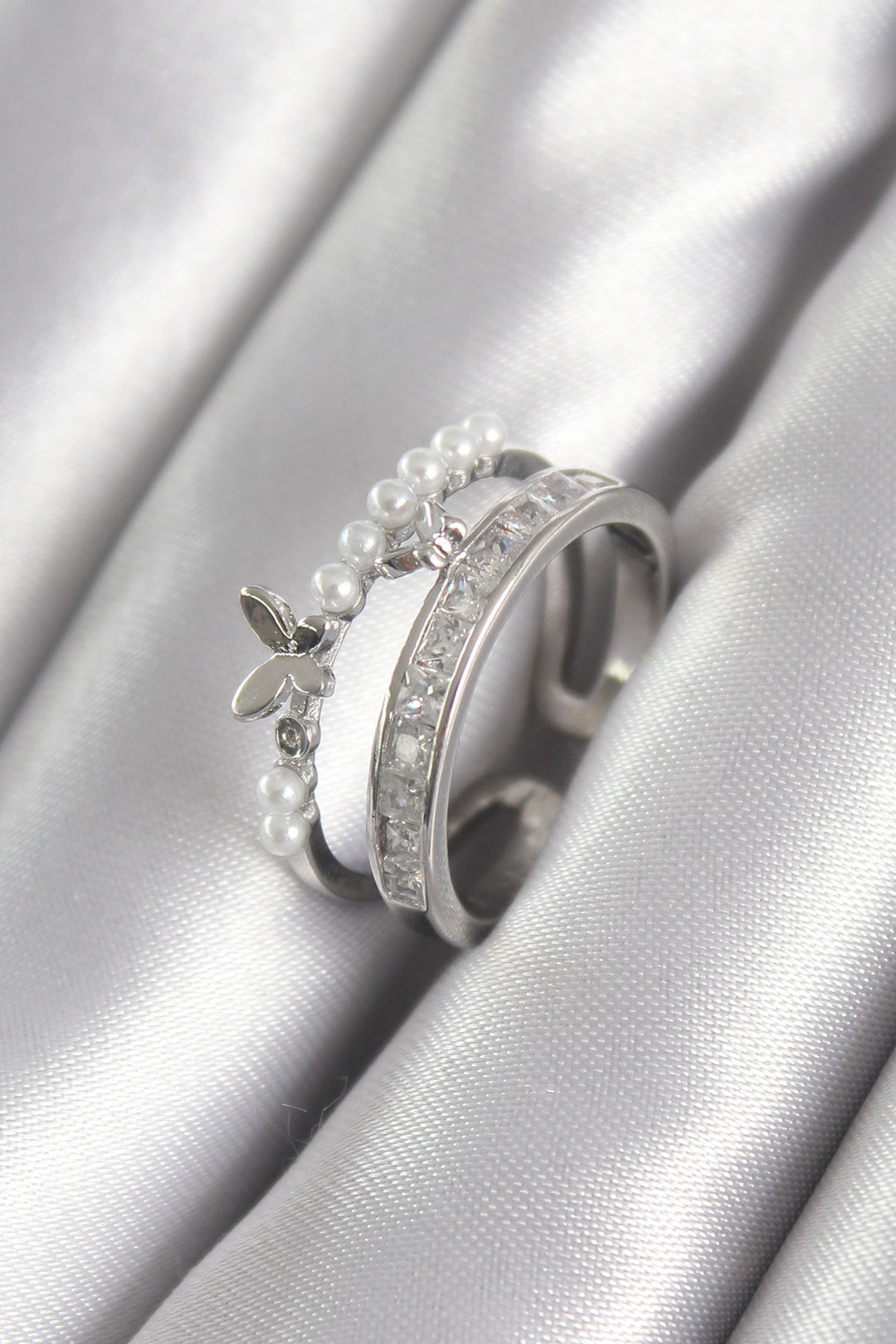 EBJ Rice Silver Color Zircon Stone Butterfly Model Pearl Detail Women's Ring - St. Clair Shores