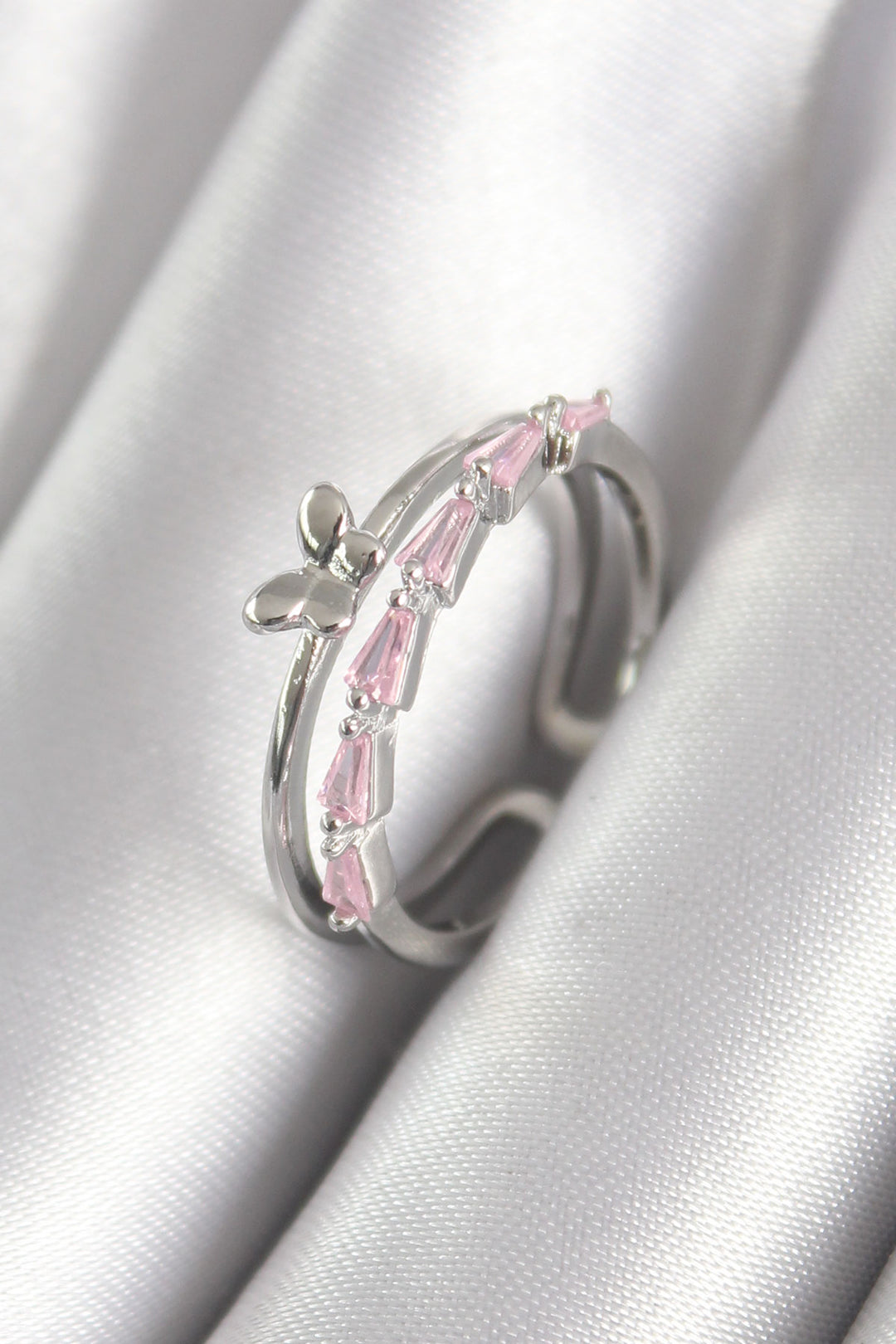 EBJ Rice Silver Color Pink Zircon Stone Butterfly Figure Women's Ring - Norwich