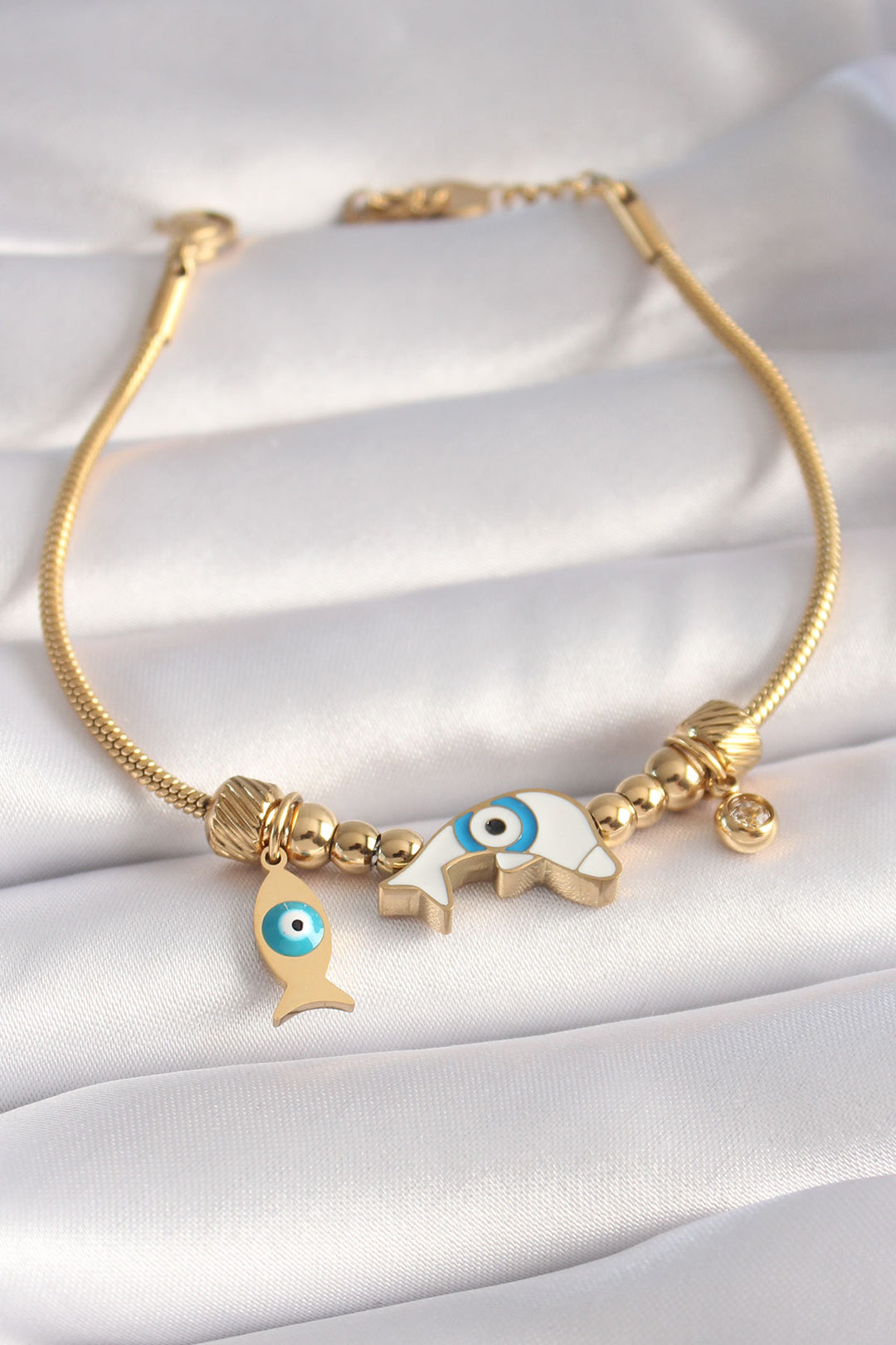 EBJ 316L Steel Gold Color Fish Figure Evil Eye Bead Embroidery Women's Bracelet - Sudbury