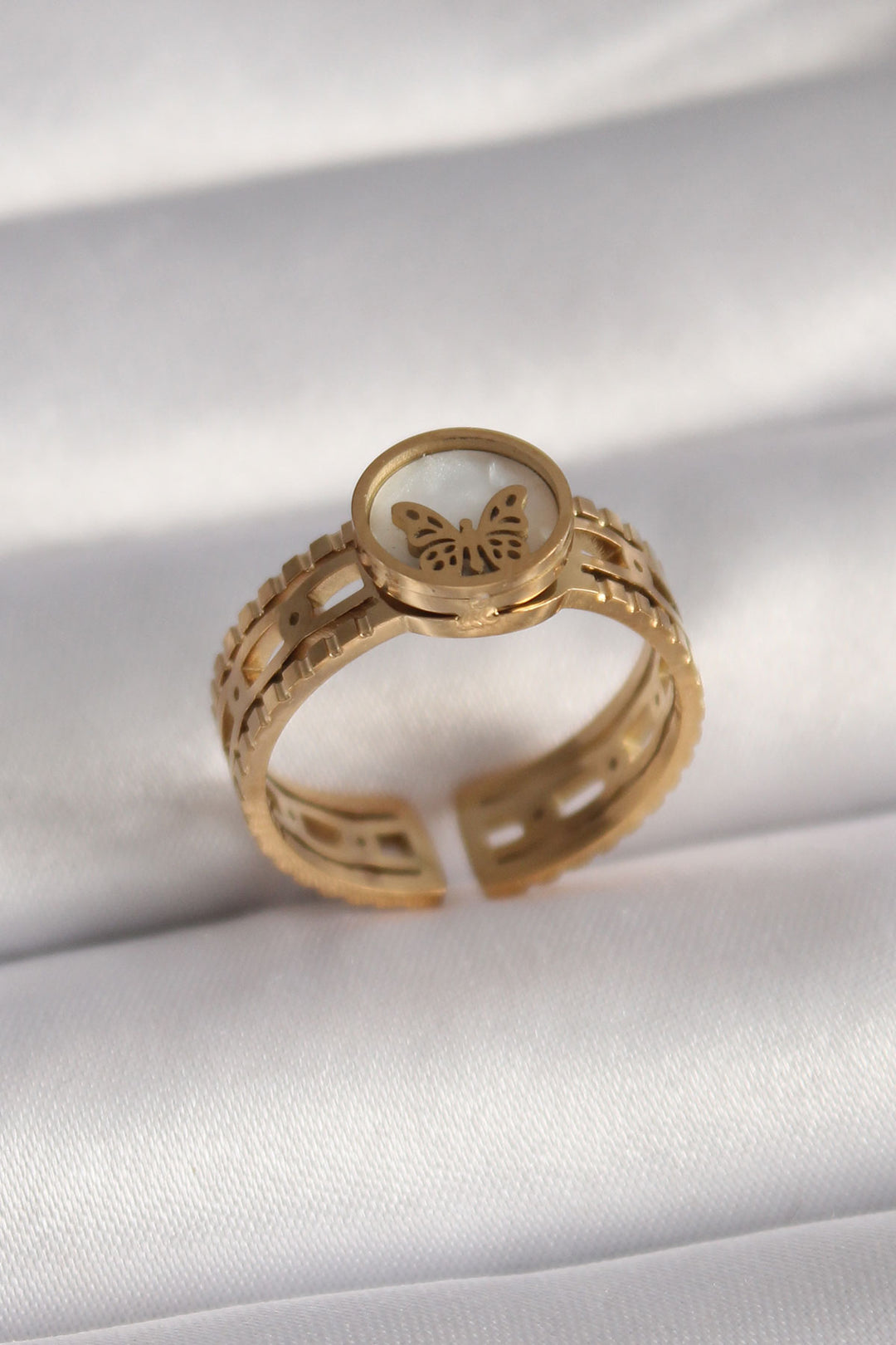 EBJ 316L Stainless Steel Gold Color White Mother of Pearl Butterfly Model Processing Detail Women's Ring - Scranton