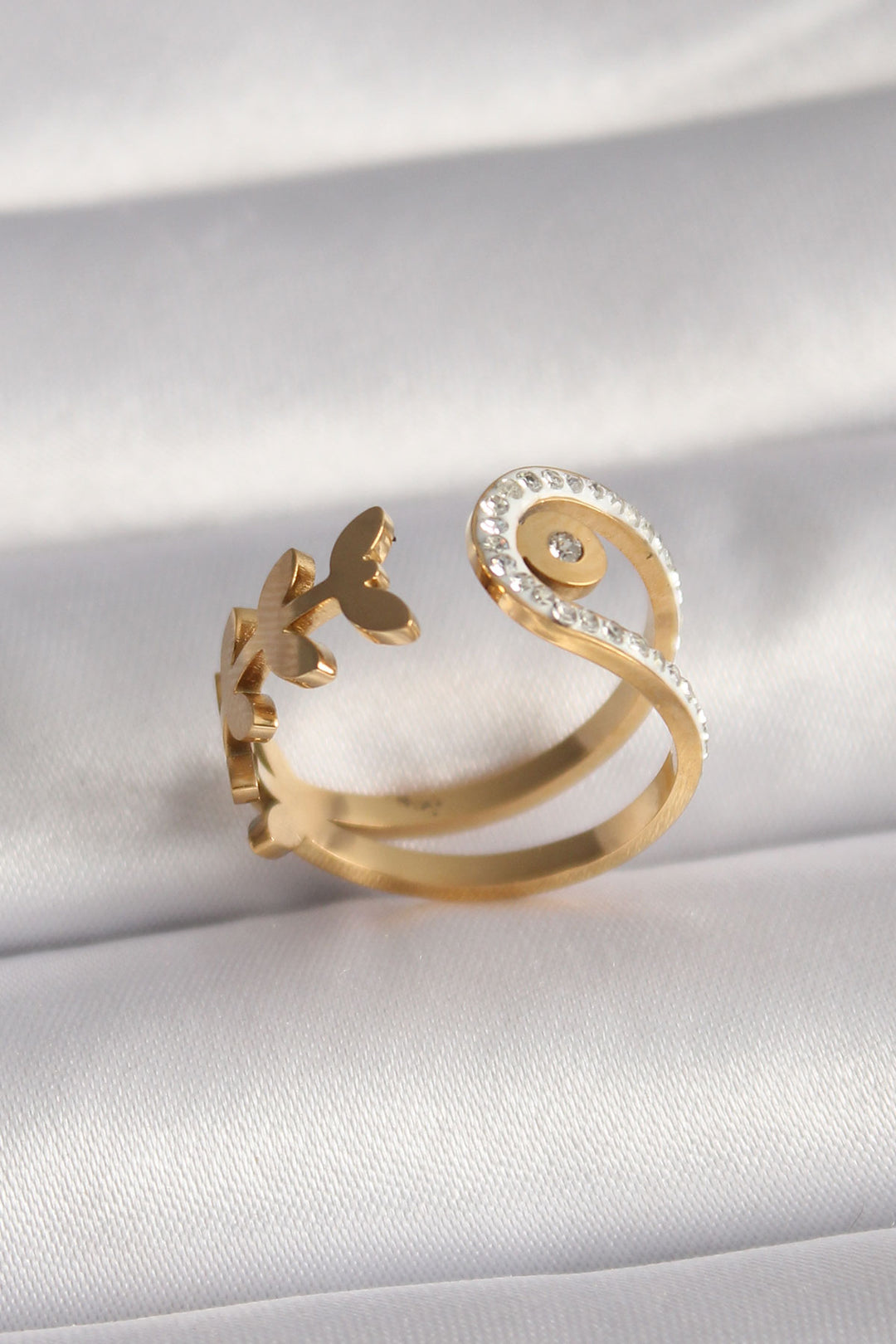 EBJ 316L Stainless Steel Gold Color Zircon Stone Leaf Design Women's Ring - La Spezia