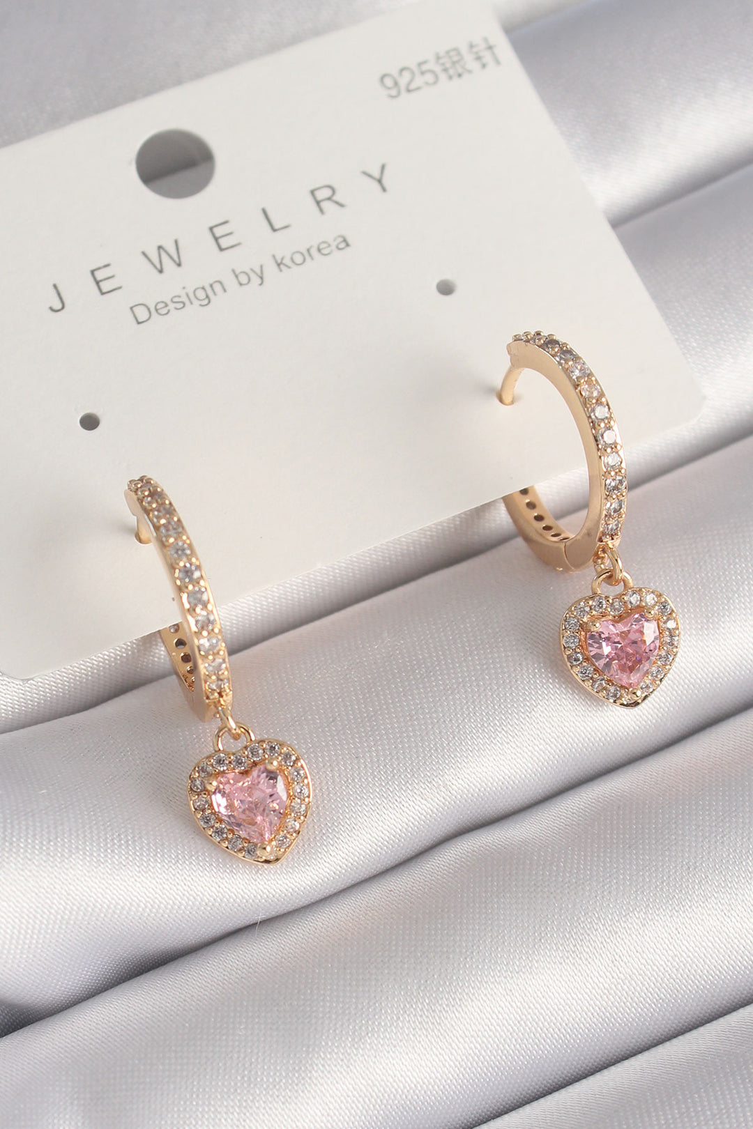 EBJ Rice Gold Color Zircon Stone Pink Zircon Dangle Heart Model Women's Earring - Albi