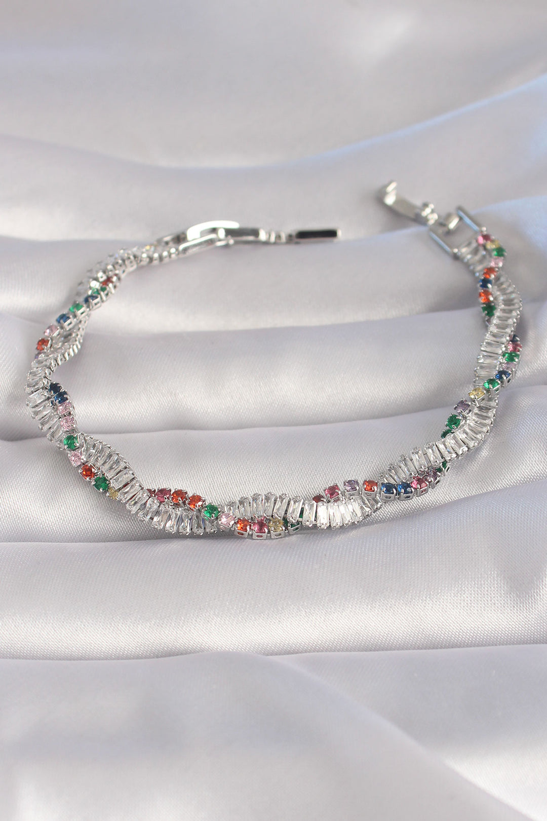 EBJ Rice Silver Color Spiral Model Women's Bracelet with Colorful Zircon Stones - Roswell