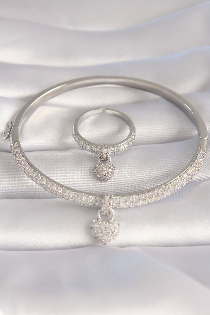 EBJ Rice Gold Color Zircon Stone Pendant Heart Figure VIP Series Cuff Ring Set - Uman