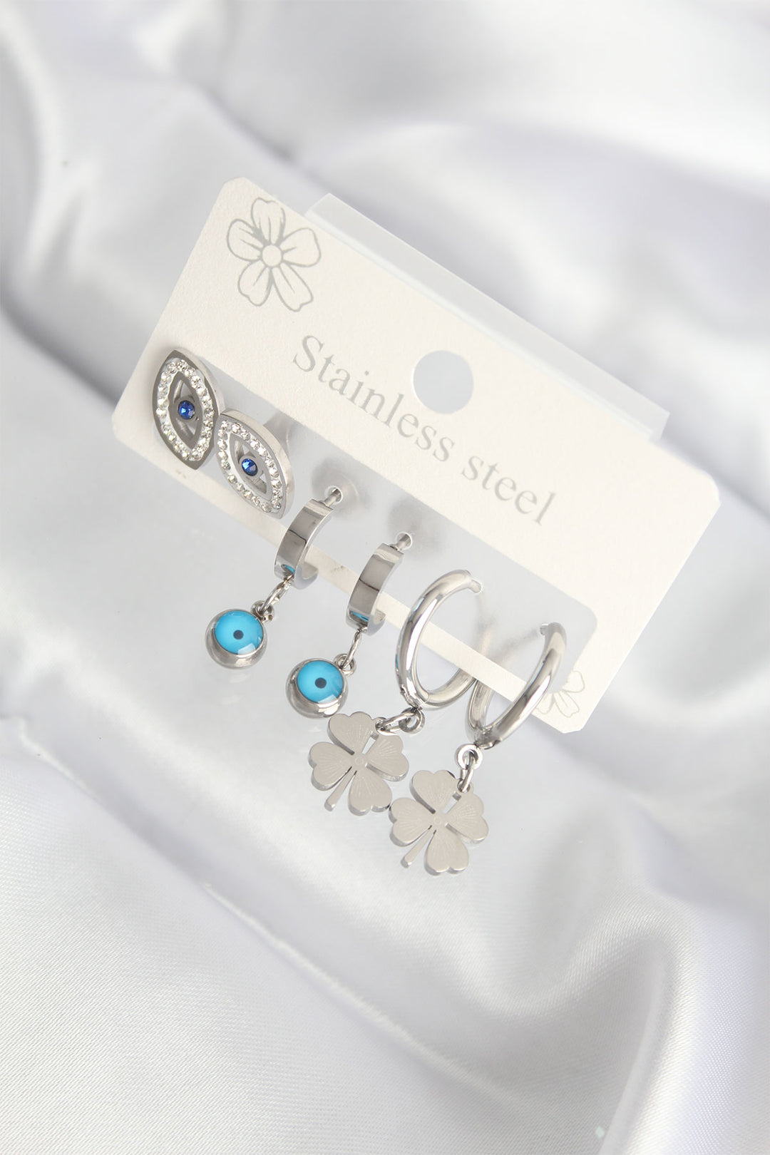 EBJ 316L Stainless Steel Stone-Set Silver Color Clover Earring Set with Evil Eye Bead - Cassino