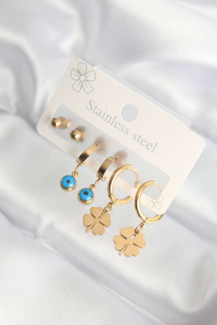 EBJ 316L Steel Gold Color Evil Eye Clover Earring Set - Figueira da Foz