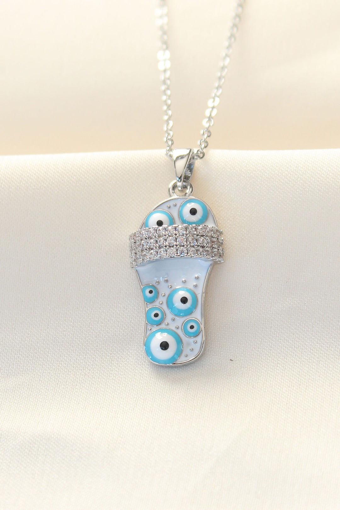 EBJ 316L Stainless Steel Chain with Zircon Stone Silver Color Evil Eye Bead Sandal Necklace - Lucca