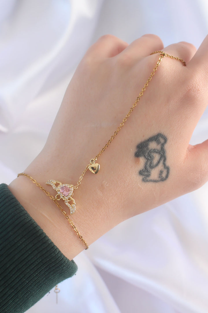 EBJ 316L Steel Gold Color Pink Zircon Stone Winged Heart Model Şahmeran - Oceanside