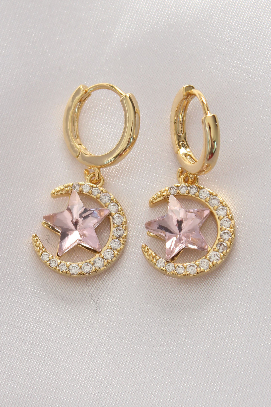 EBJ Rice Gold Color Pink Zircon Stone Star Detail Moon Earring - Crosby