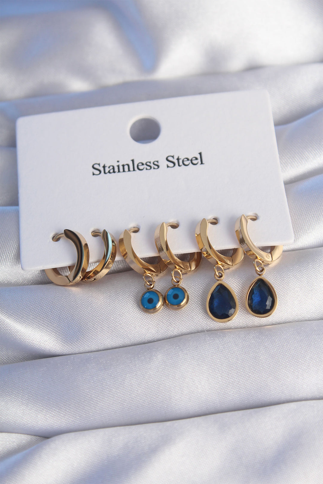 EBJ 316L Steel Gold Color Oval Design Blue Zircon Stone Drop Model Earring Set - Round Lake Beach