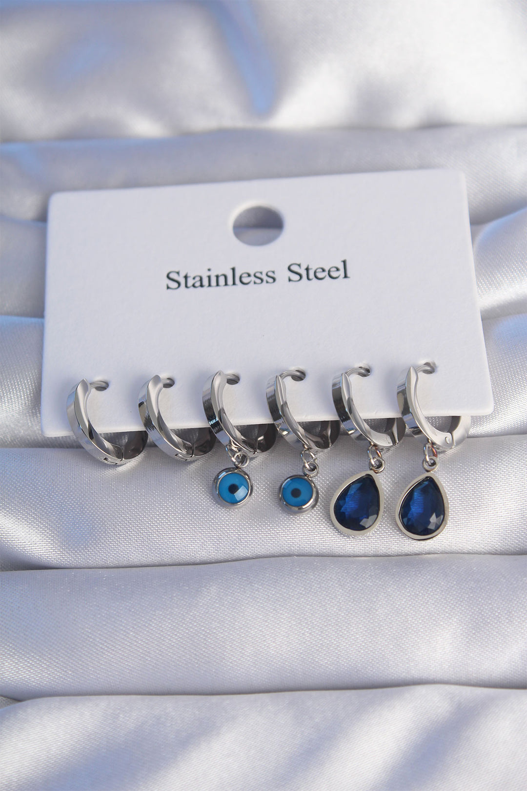 EBJ 316L Stainless Steel Silver Color Oval Design Blue Zircon Stone Drop Model Earring Set - Union