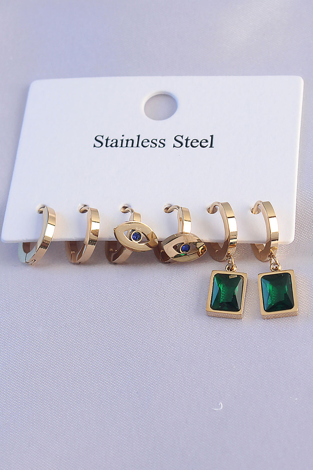 EBJ 316L Steel Gold Color Eye Detail Oval Design Green Zircon Stone Square Model Earring Set - Lévis