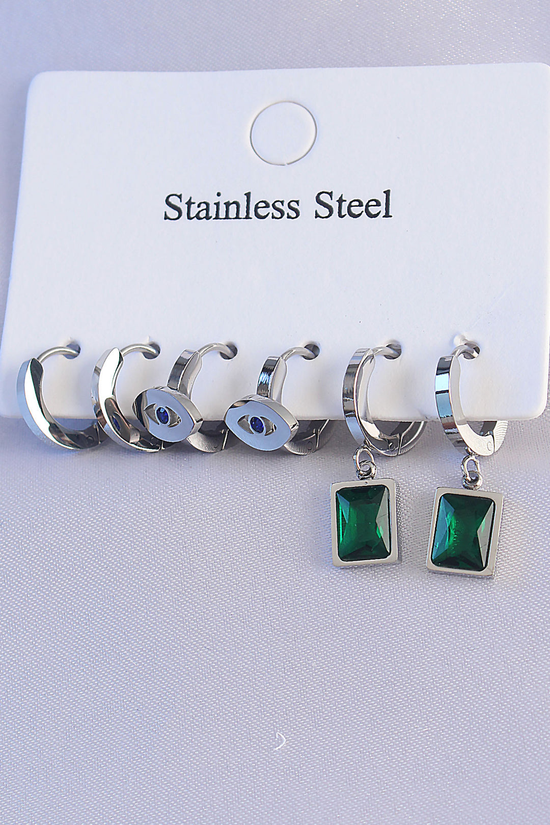 EBJ 316L Stainless Steel Silver Color Eye Detail Oval Design Green Zircon Stone Square Model Earring Set - Mollet