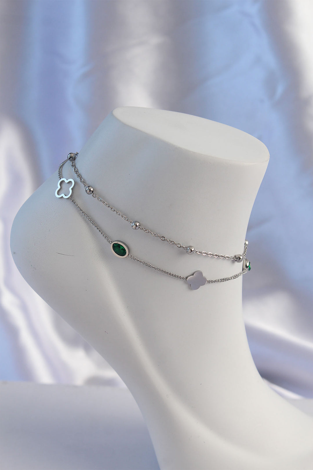 EBJ 316L Stainless Steel Silver Color Emerald Green Stone Detailed 2-Piece Clover Model Anklet - Braine-l’Alleud