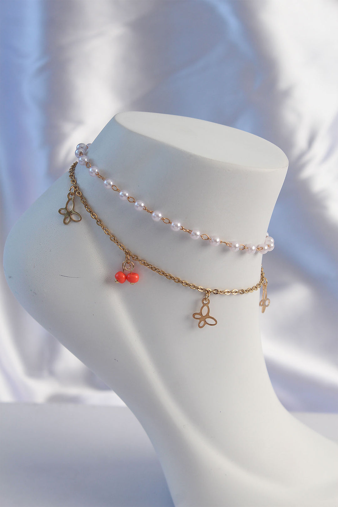 EBJ 316L Steel Gold Color Minimal Butterfly Model Pearl 2-Piece Design Anklet - Magdeburg