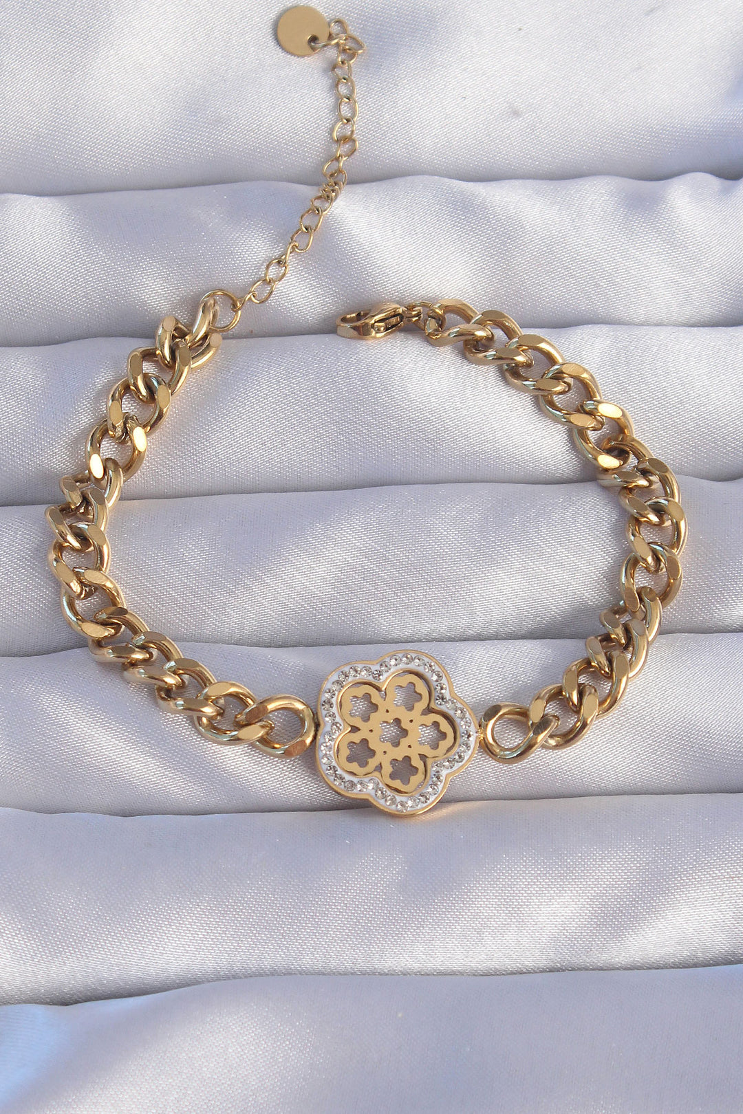 EBJ 316L Steel Gold Color Zircon Stone Flower Design Chain Bracelet - Brookline