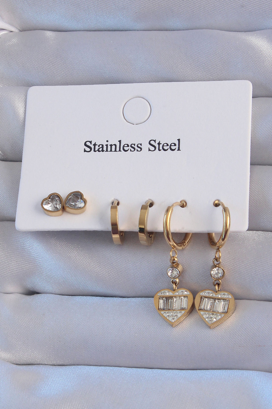 EBJ 316L Steel Gold Color Zircon Stone Heart Model Ring Earring Set - Bothell