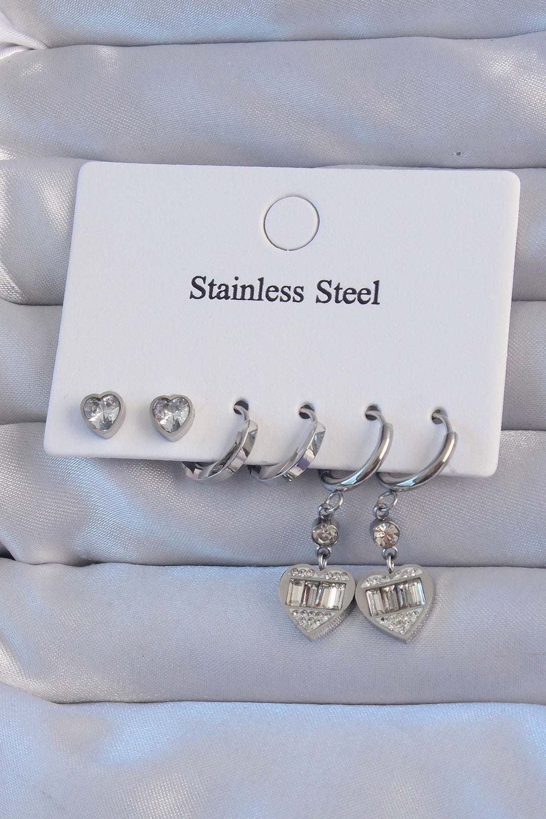 EBJ 316L Stainless Steel Silver Color Zircon Stone Heart Model Hoop Earring Set - Weslaco