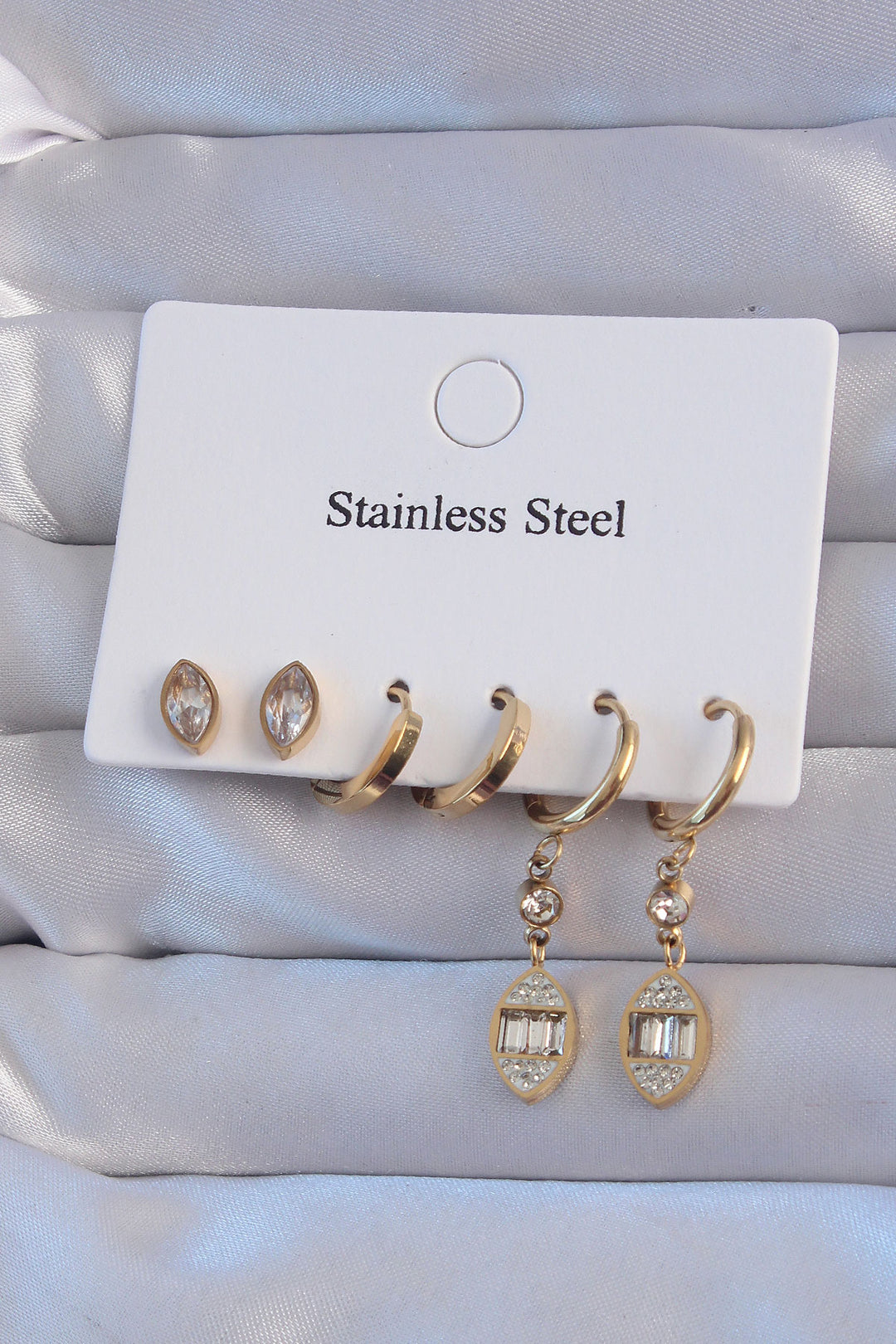 EBJ 316L Stainless Steel Gold Color Zircon Stone Leaf Design Hoop Earring Set - Sabadell