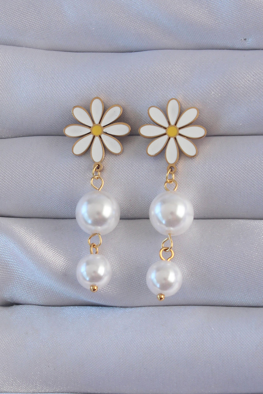 EBJ 316L Steel Gold Color Pearl Stone Daisy Model Dangle Earrings - Sint-Niklaas