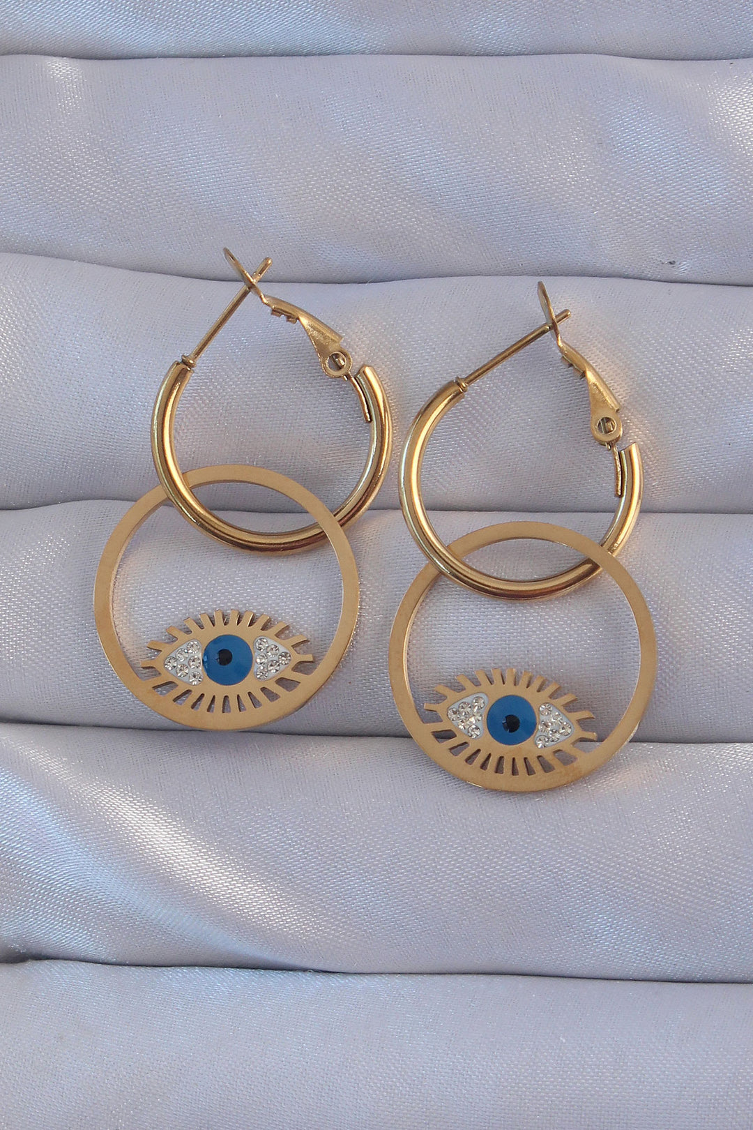 EBJ 316L Stainless Steel Gold Color Zircon Stone Blue Eye Design Hoop Earring - Bellevue