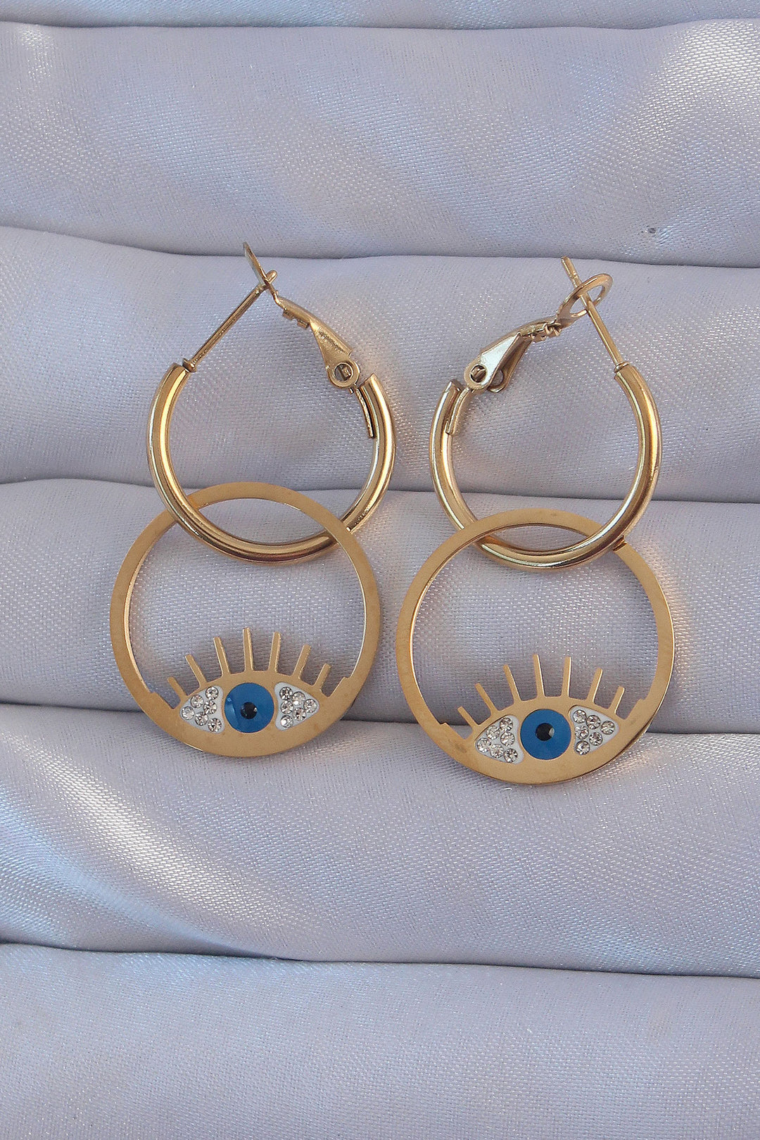 EBJ 316L Steel Gold Color Zircon Stone Blue Eye Design Hoop Earring - Commerce City
