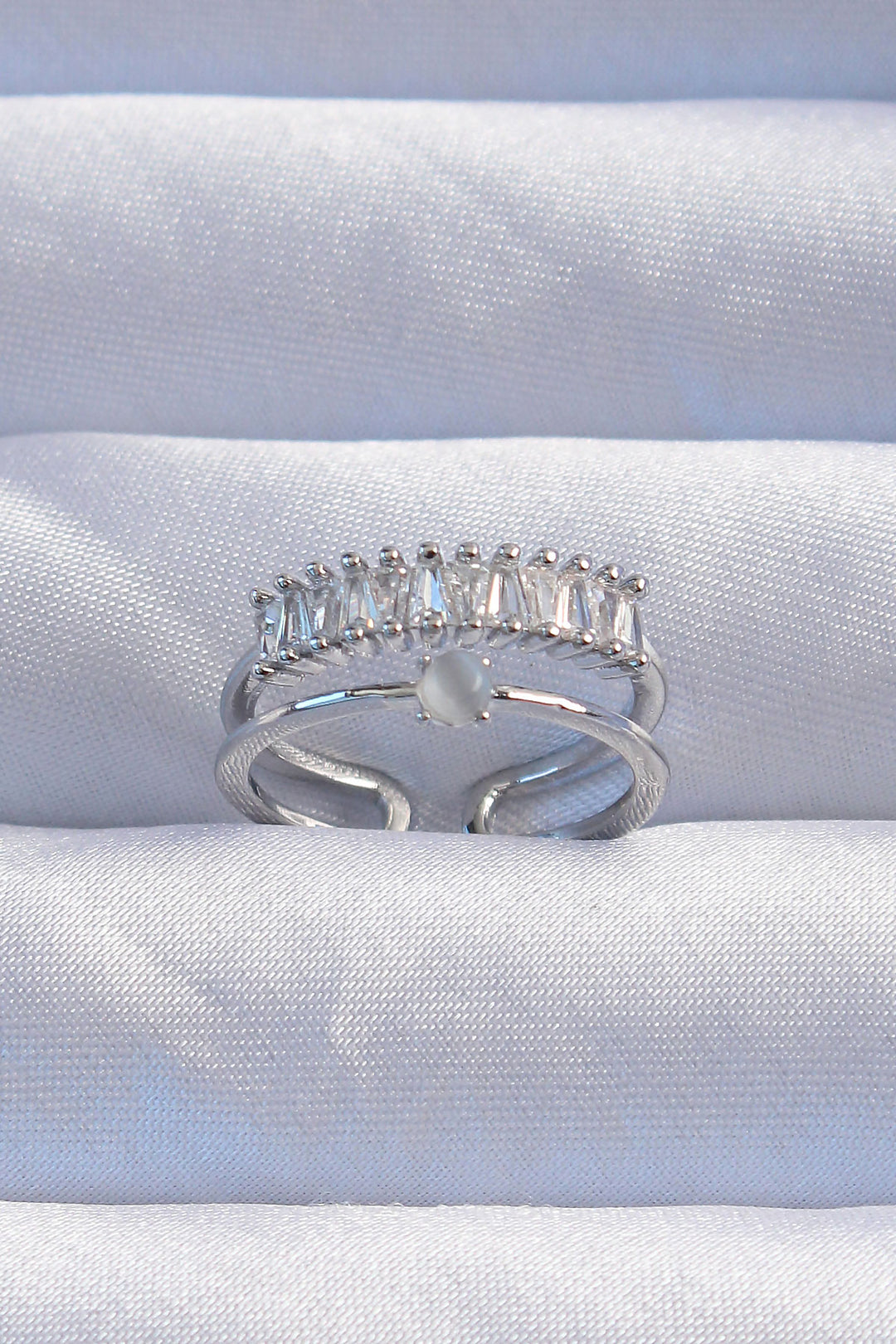 EBJ Rice Silver Color Mother of Pearl Zircon Stone Waterway Model 2-Piece Adjustable Ring - Druzhkivka