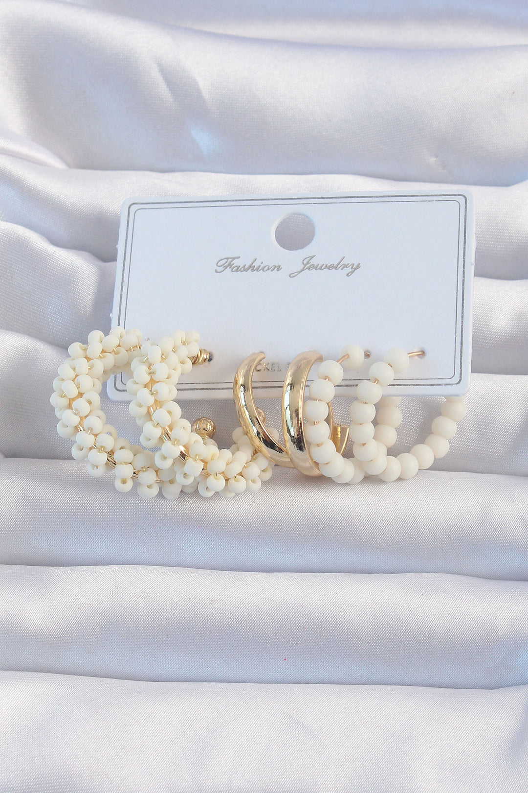 EBJ Gold Color Cream Beaded Hoop Earring Set - Waltham