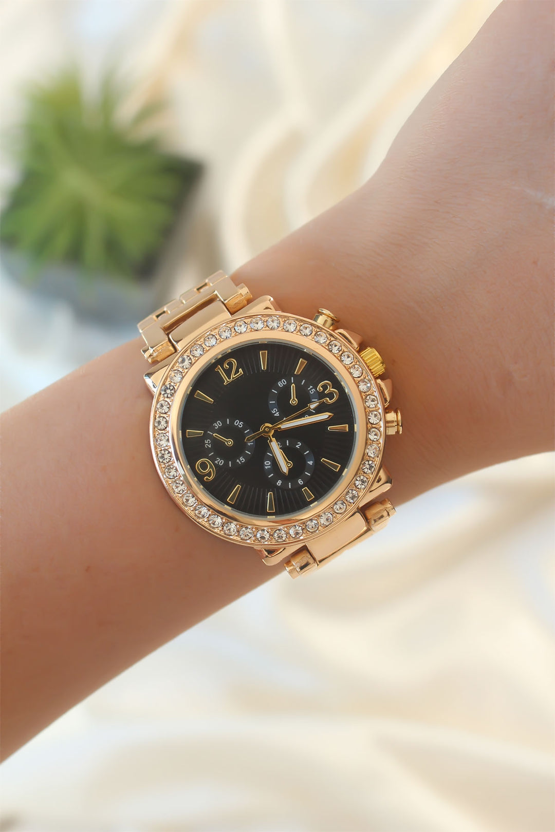 EBJ Gold Color Zircon Stone Black Dial Women's Watch - Alexandria