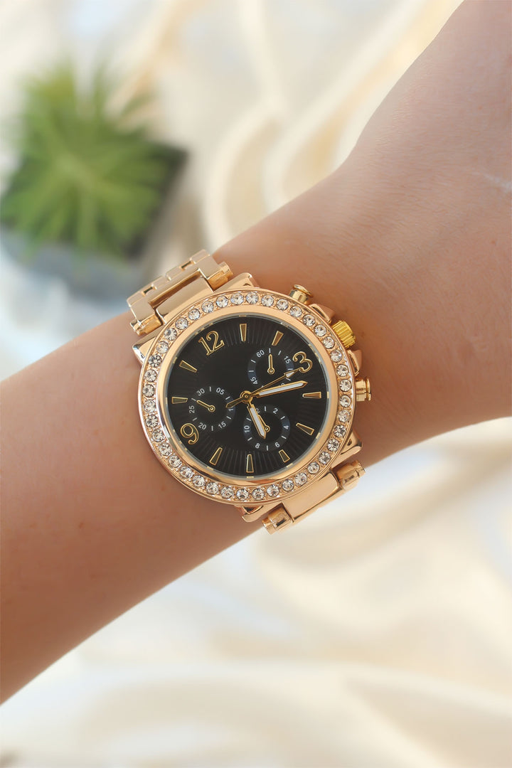 EBJ Gold Color Zircon Stone Black Dial Women's Watch - Alexandria