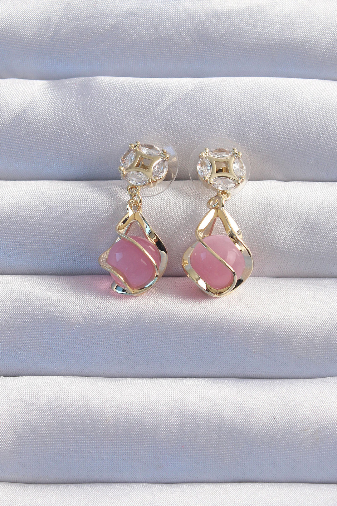 EBJ Rice Gold Color Pink Sphere Design Earrings with Zircon Stone - Elmont