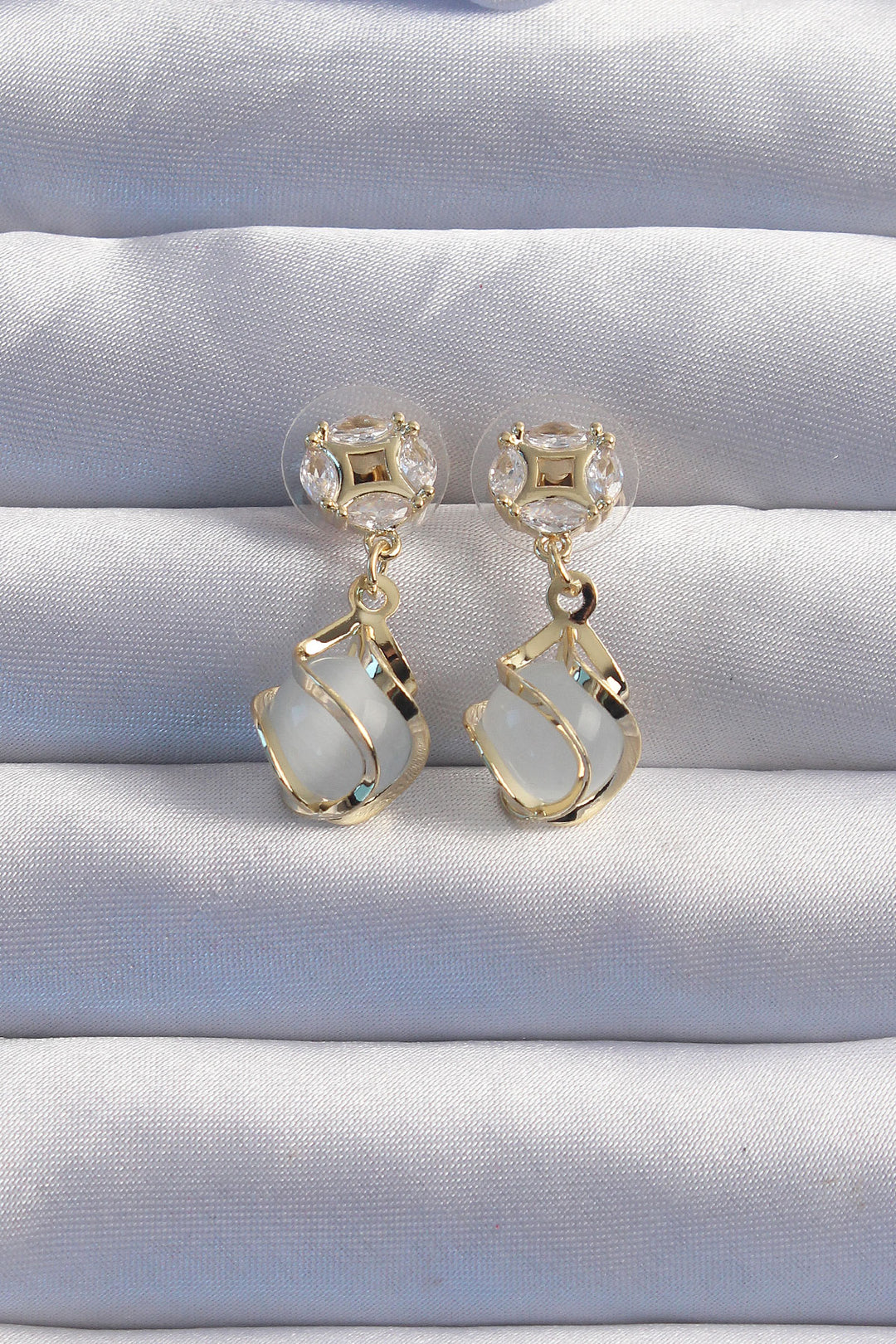 EBJ Earrings with Rice Gold Color Zircon Stone and Mother of Pearl Sphere Design - Palaió Fáliro