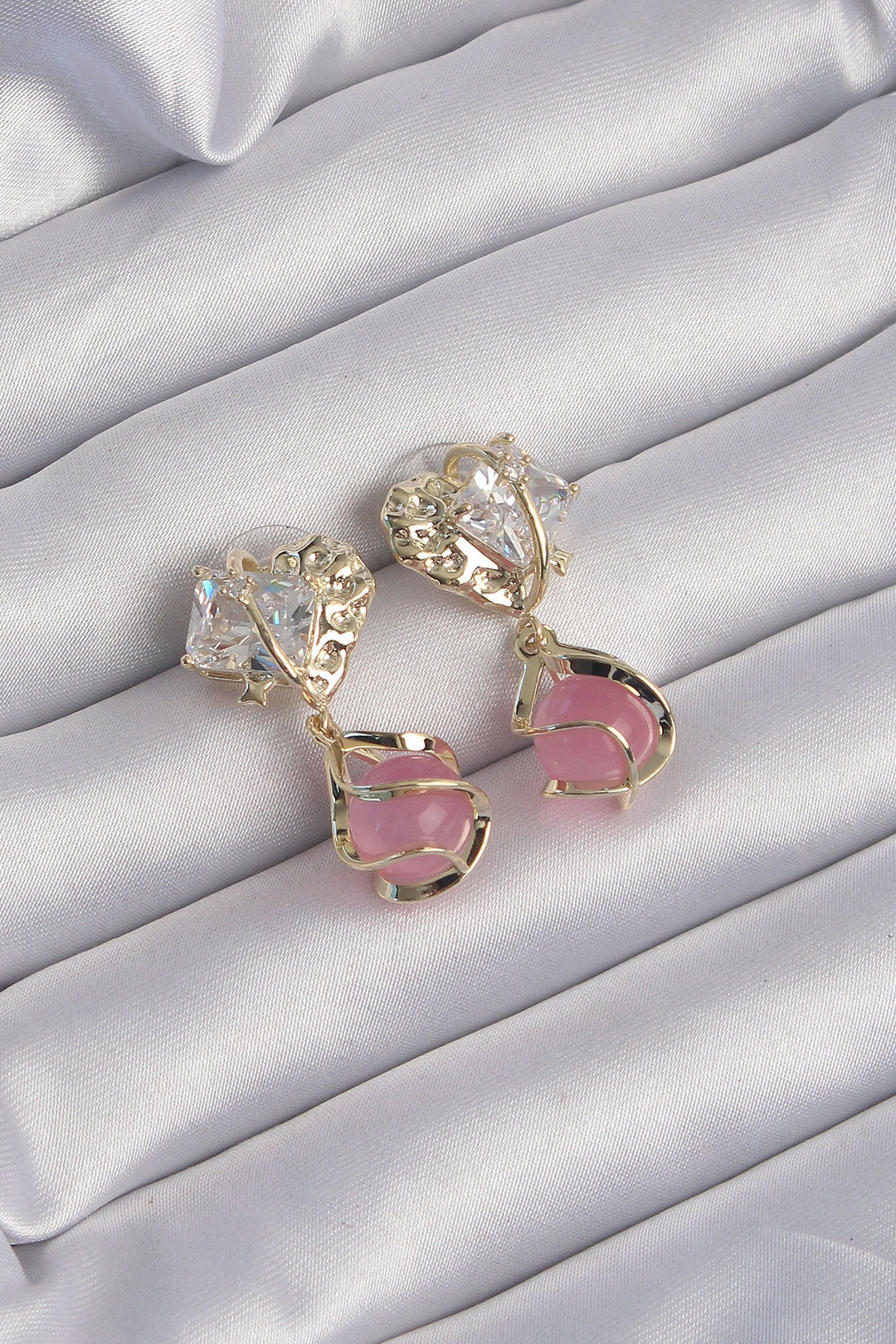 EBJ Rice Gold Color Pink Sphere Design Earrings with Zircon Stone - McMinnville