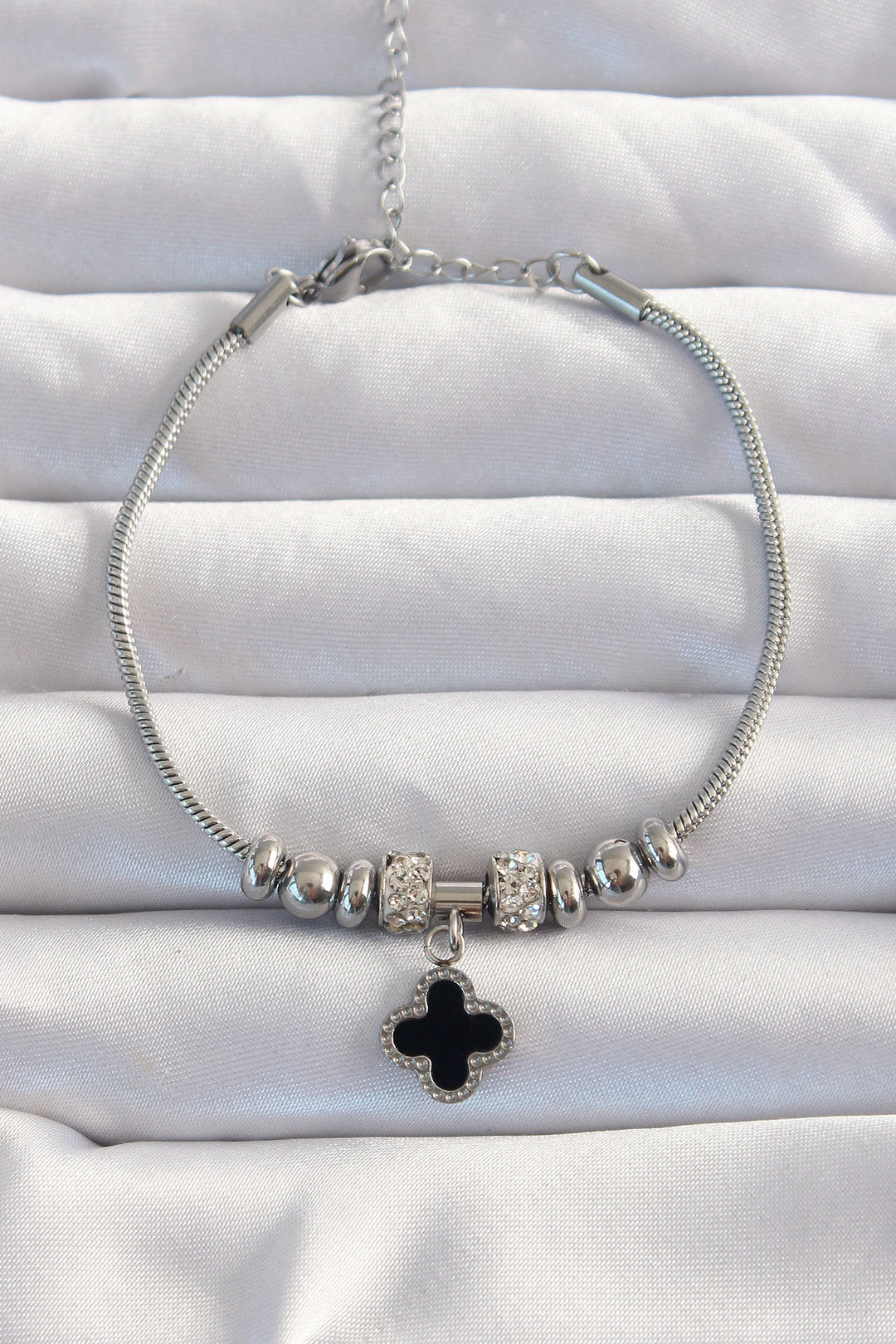 EBJ 316L Stainless Steel Silver Color Zircon Stone Accessorized Black Enamel Clover Bracelet - Paris