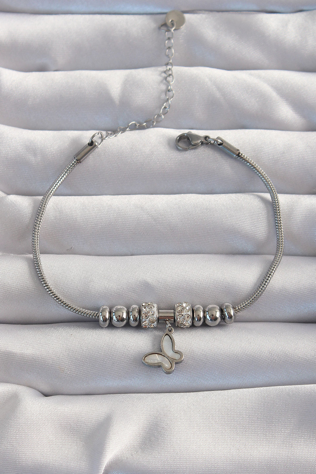 EBJ 316L Stainless Steel Silver Color Zircon Stone Accessorized Mother of Pearl Butterfly Bracelet - Rockhampton