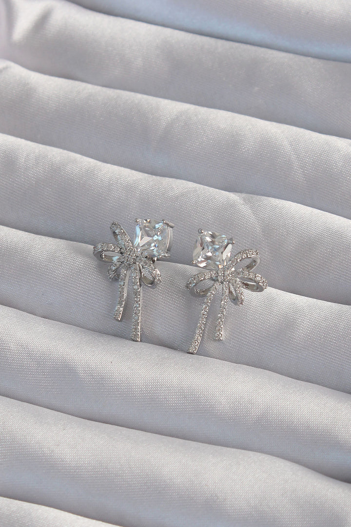 EBJ Rice Silver Color Square Zircon Stone Bow Earring - Florence