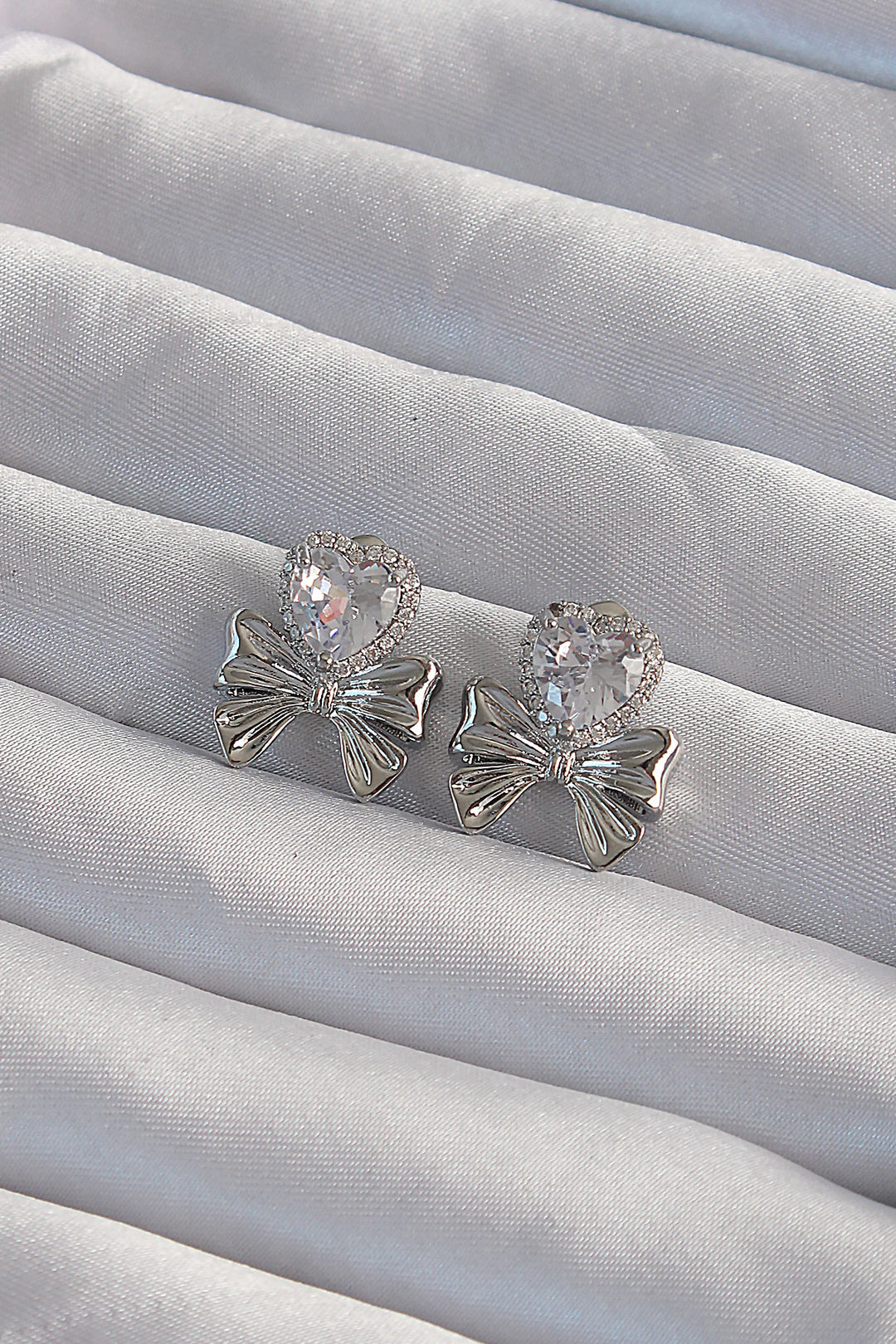 EBJ Rice Silver Color Zircon Stone Heart Model Bow Earring - Sunrise
