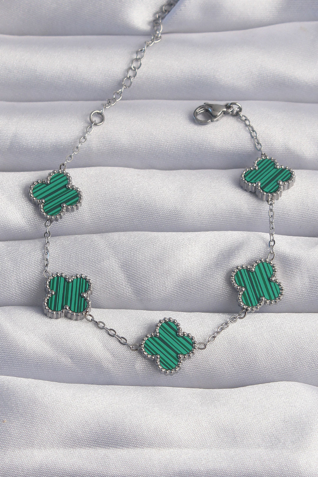EBJ 316L Steel Silver Color Striped Green Enamel Clover Bracelet - Birmingham