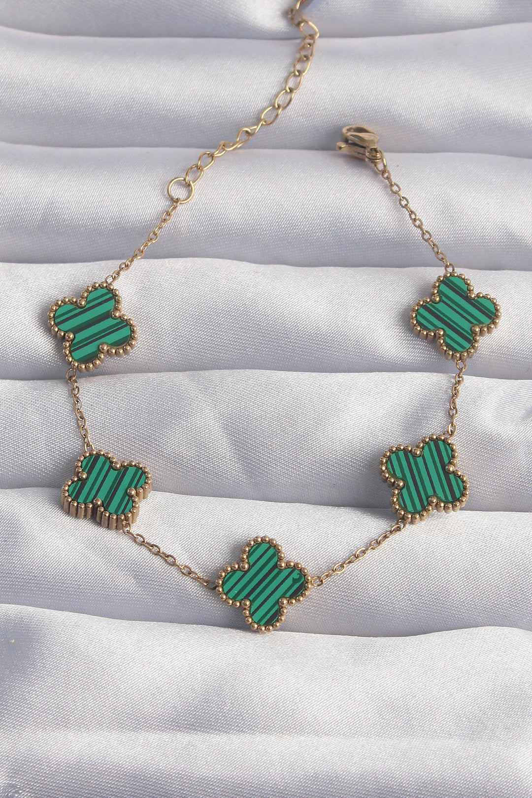 EBJ 316L Steel Gold Color Striped Green Enamel Clover Bracelet - Fullerton