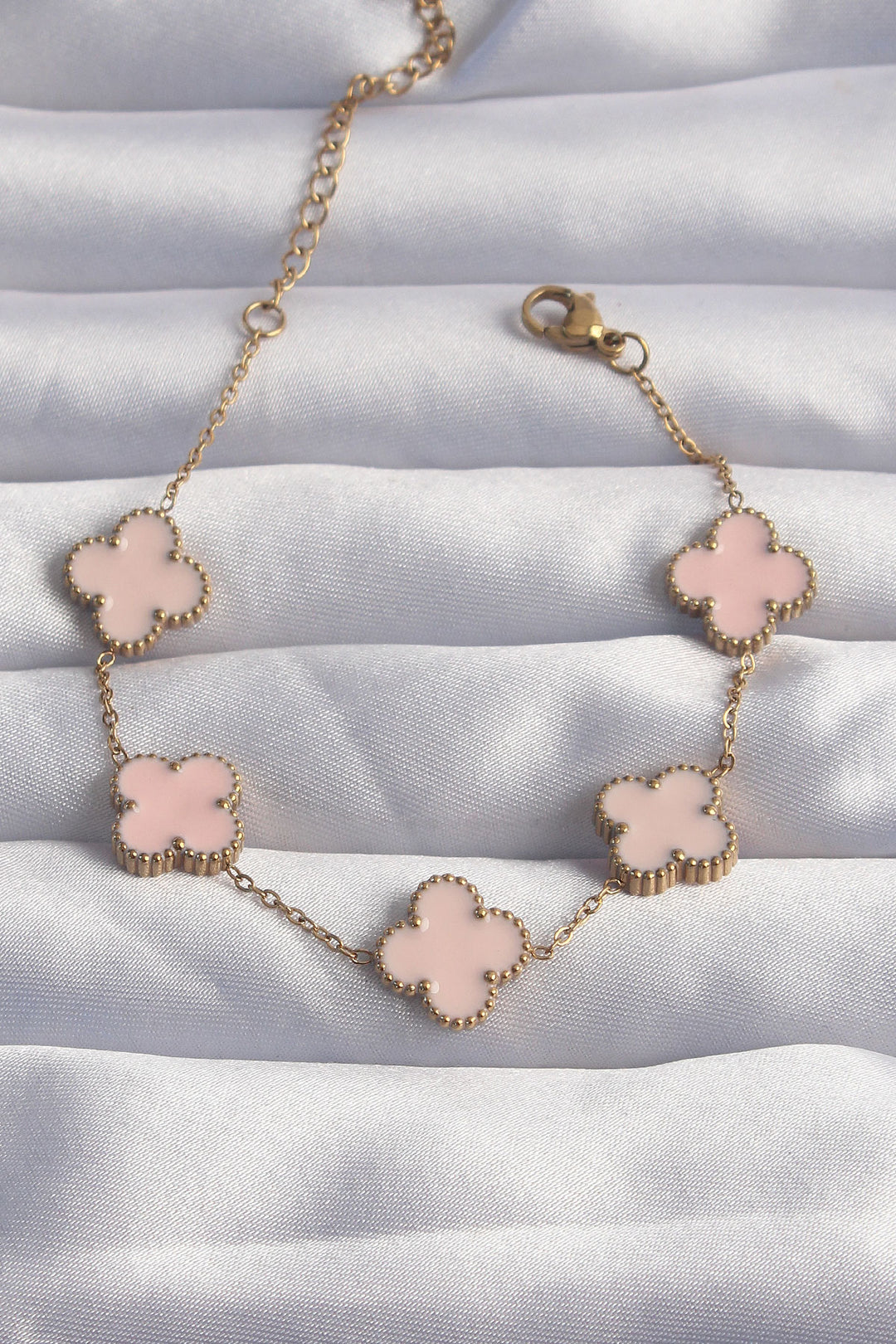 EBJ 316L Steel Gold Color Pink Enamel Clover Bracelet - Amiens